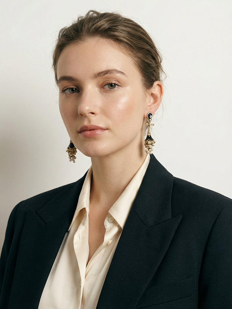 Siete Wonder - Black and Gold Floral Drop Earrings