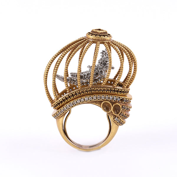 Birdcage songbird statement ring front view