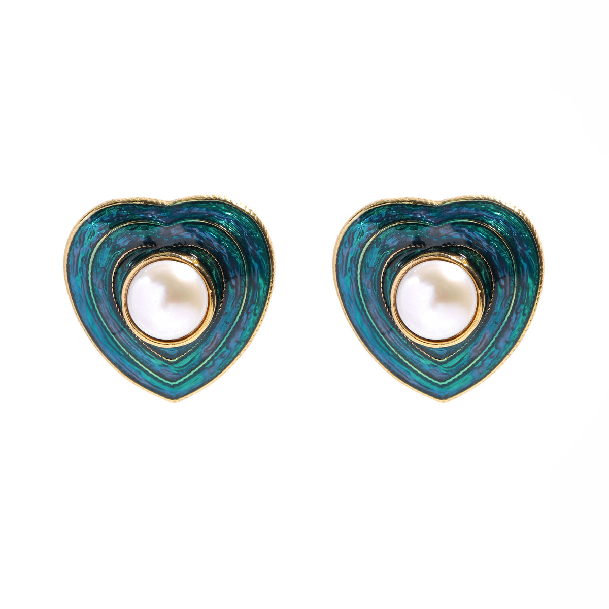 Siete Wonder - Green Enamel Pearl-Style Heart Earrings