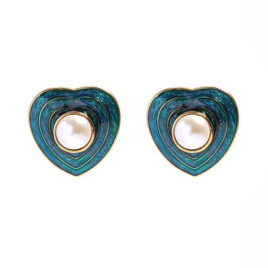 Siete Wonder - Green Enamel Pearl-Style Heart Earrings