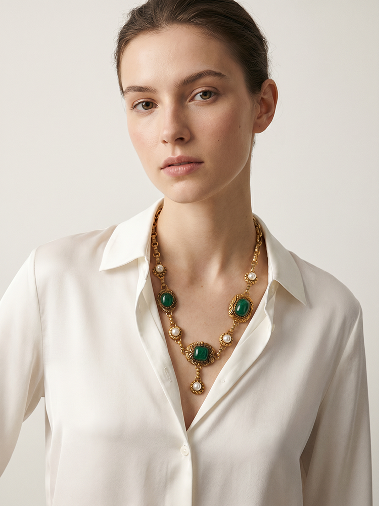 Siete wonder green crystal and pearl necklace