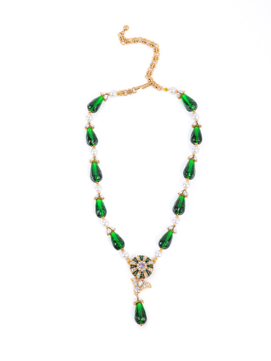 Siete Wonder - Green Glass and Pearl Drop Necklace