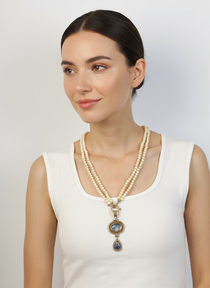 Siete Wonder - Blue Cat-Eye and Pearl Necklace ZA051