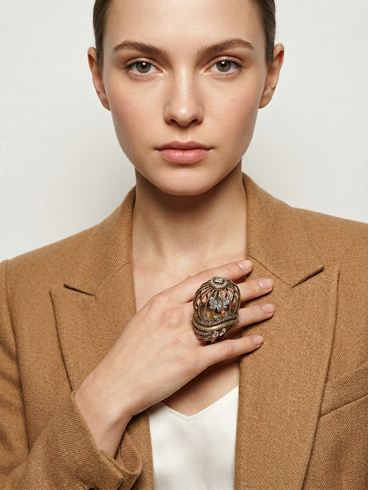 Birdcage statement ring styled on model